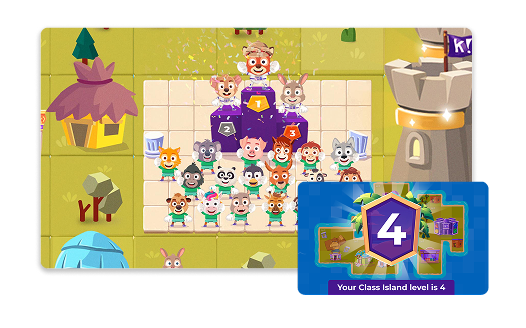 Kahootopia class island with animated characters and a level progress card.