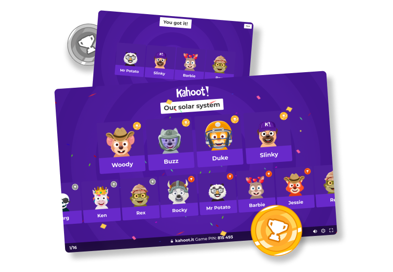 Kahoot end-of-game screen for Our Solar System quiz showing player avatars with confetti and a trophy coin