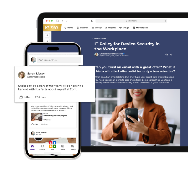 Kahoot 360 platform shown on tablet and mobile with employee onboarding course and workplace IT security policy
