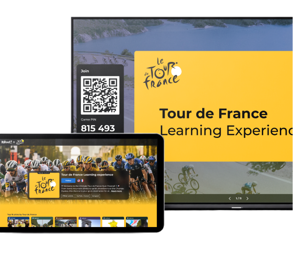Kahoot 360 platform shown on tablet and mobile with employee onboarding course and workplace IT security policy