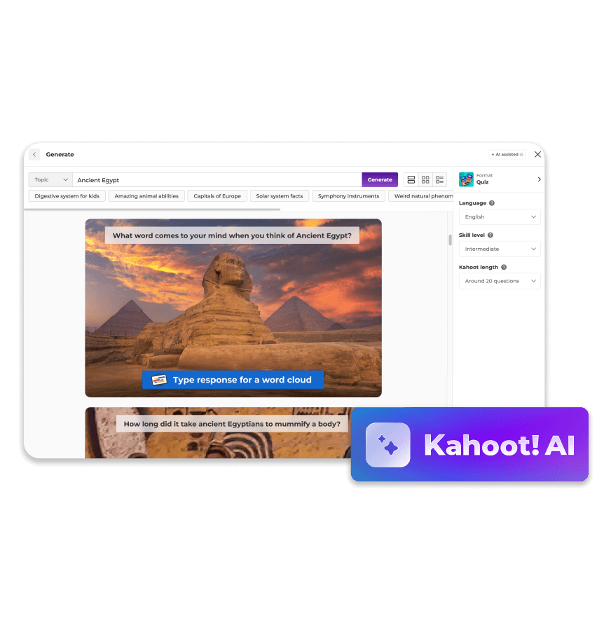 Kahoot! AI quiz generator showing a tropical forests quiz with the question 'What defines a tropical forest climate?' and four answer choices.