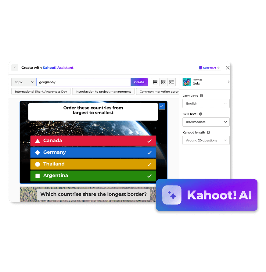 Kahoot! AI quiz generator showing a tropical forests quiz with the question 'What defines a tropical forest climate?' and four answer choices.