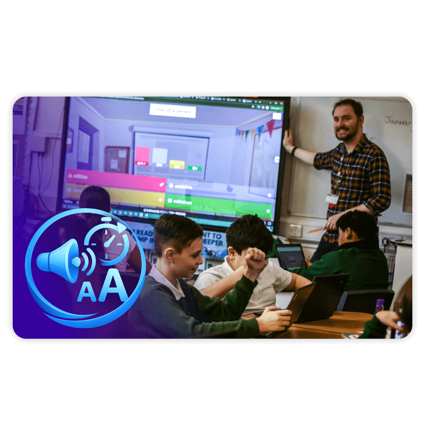 Educator teaching a classroom with students, with accessibility icons overlaid (audio, checklist, screen magnifier).