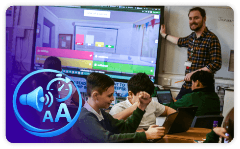 educator teaching a classroom with students, accessibility icons overlaid.