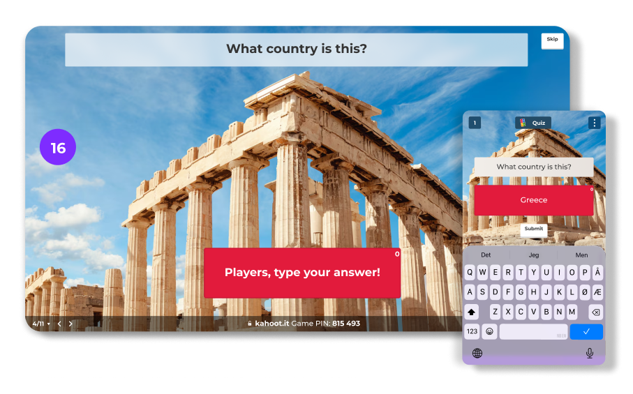 Kahoot quiz on desktop showing 'What country is this?' with the Parthenon, and a player typing Greece on mobile