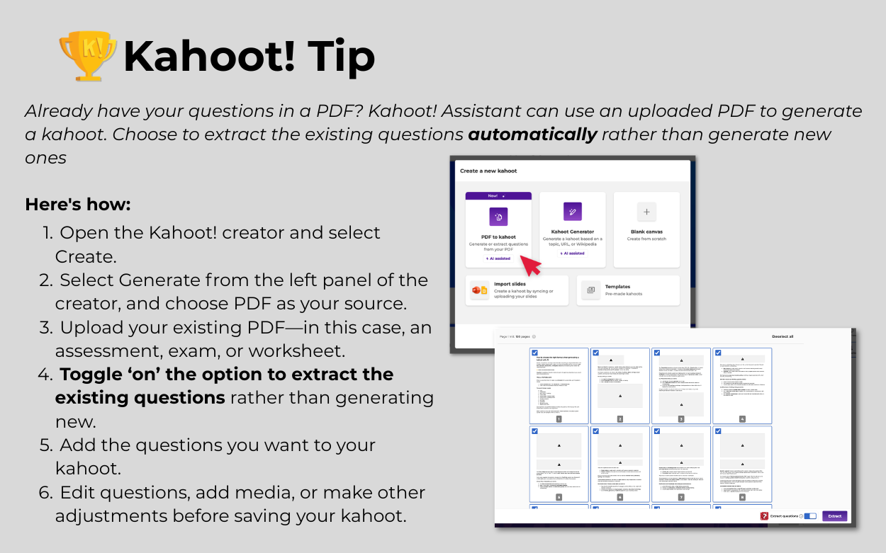 step by step directions for using PDF question extractor with Kahoot! Assistant