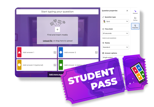 Kahoot quiz creator interface showing a blank question editor alongside a Student Pass ticket graphic