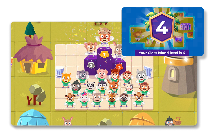 Kahoot Class Island game showing student avatars celebrating on a podium at level 4 with a reward badge