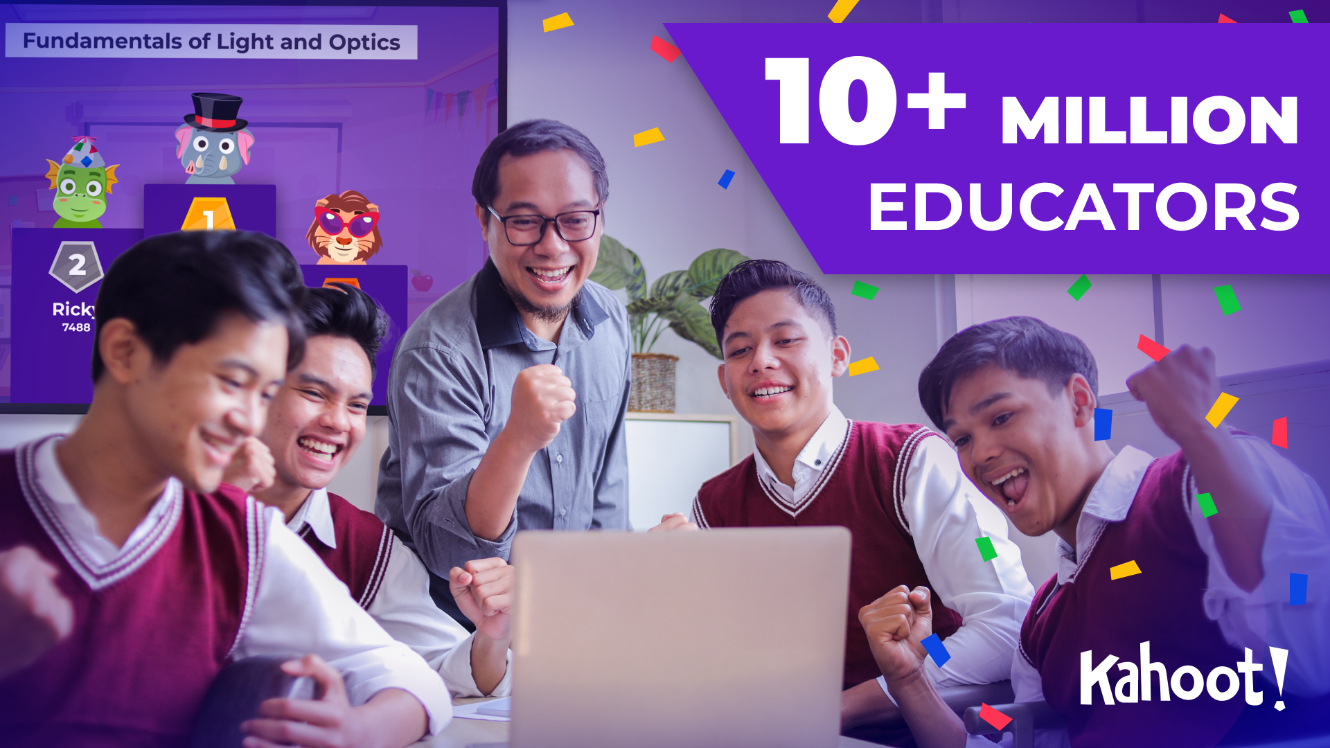 Grafik yang merayakan pencapaian 10 juta pendidik dalam menggunakan Kahoot!, yang menampilkan desain perayaan dengan mosaik avatar guru.