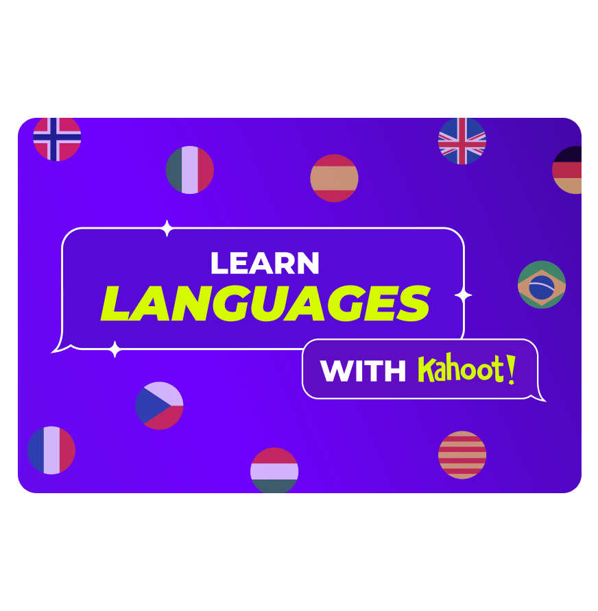 'Learn Languages with Kahoot!' promotional graphic with international flags.