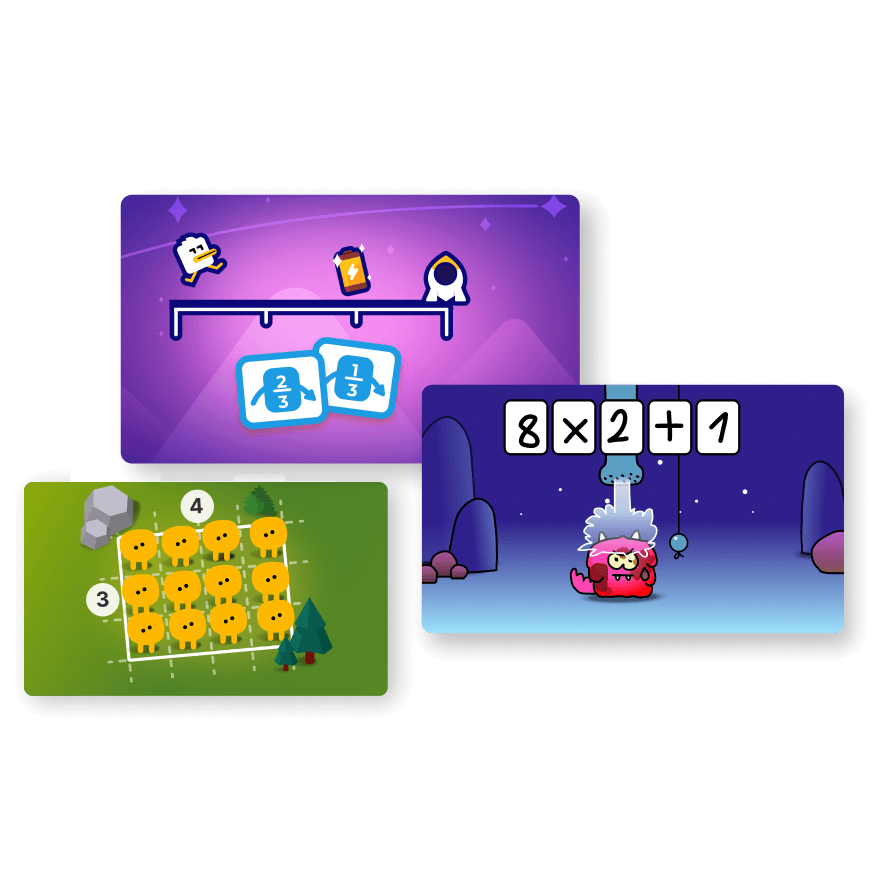 Kahoot! Math and DragonBox game tiles including Wash-Wash Operations, Coding game, Snowy Fractions, Duck-Duck Fractions, Numbers Adventure, and Pop-pop Multiplication.