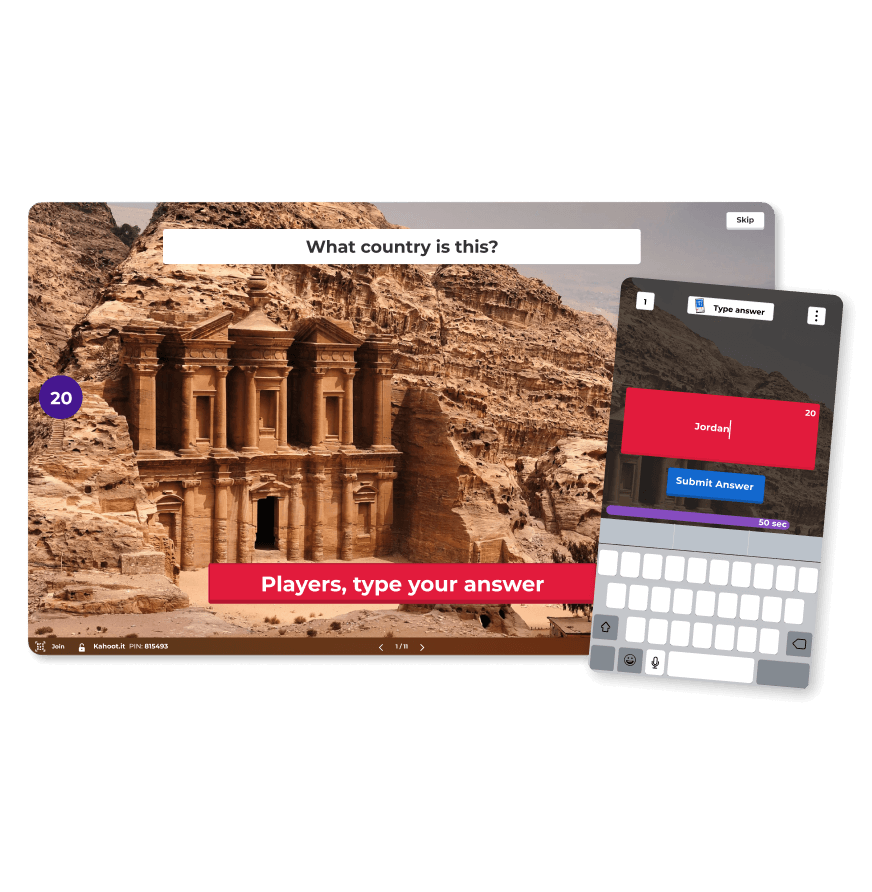 Kahoot! quiz question asking 'What country is this?' displayed over a photo of the Parthenon.