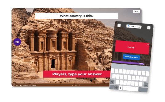 Kahoot! game mode screen showing animated characters competing on a city-themed game board.
