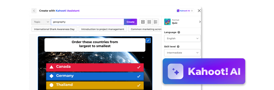 Kahoot! AI tool generating quiz questions with topic, language, and skill level settings.