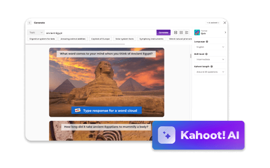 Kahoot! AI tool generating a quiz from an uploaded document, with answer options displayed on screen.