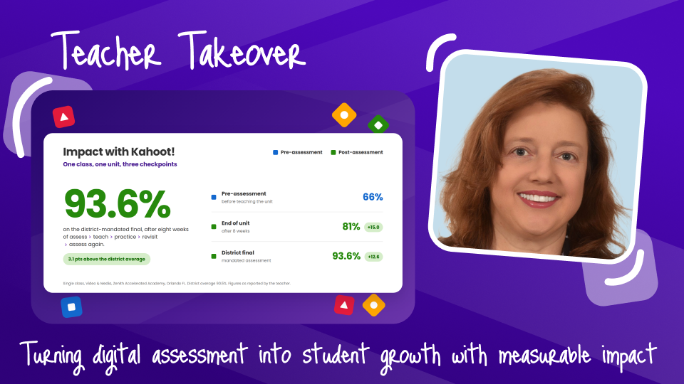 portrait of ambassador, Debbie, with "teacher takeover: turning digital assessment into student growth with measurable impact" title