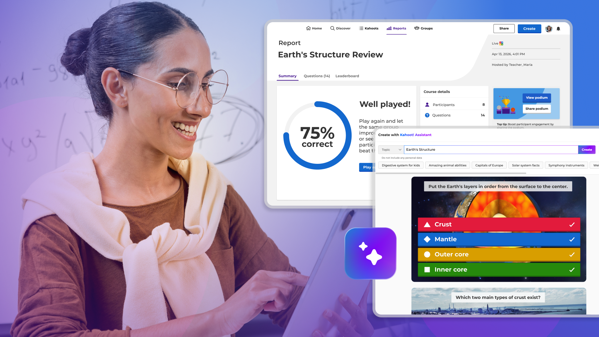 ภาพถ่ายหน้าจอหน้าสำรวจของ Kahoot! ที่ไฮไลต์โหมดเกมเชิงโต้ตอบและเทมเพลตการประเมินผลระหว่างเรียน