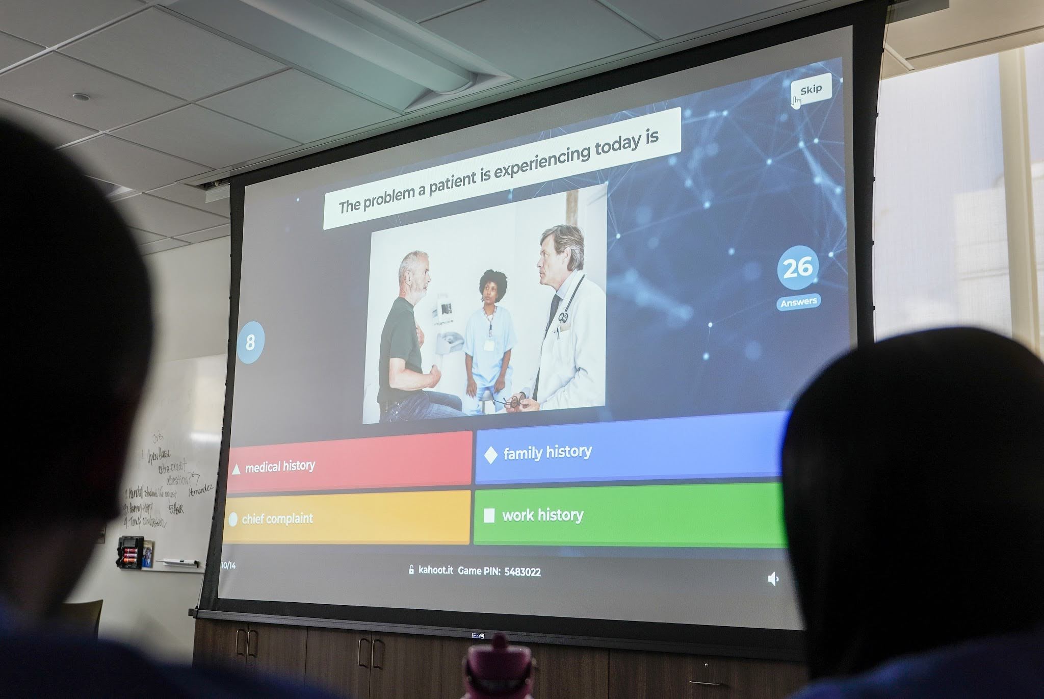 A classroom projector displaying a kahoot session