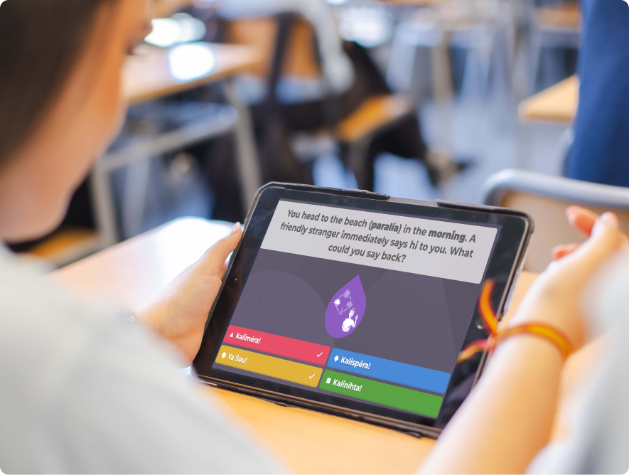Student playing a Kahoot quiz on a tablet showing a multiple-choice scenario question