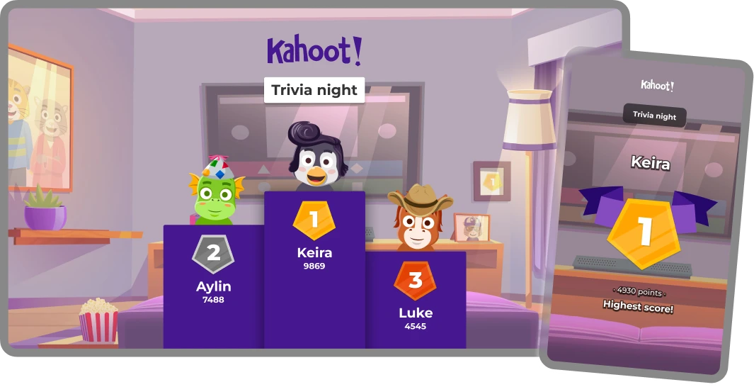 A Kahoot podium screen shows the top three players from a trivia night game, with a phone alongside displaying the winning player's highest score.