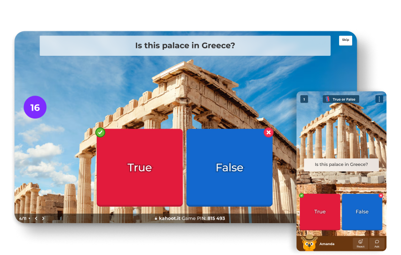 A wide screen and a mobile screen showing a true or false question: 
