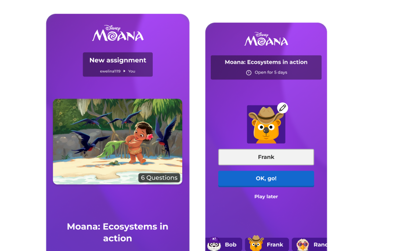 Two mobile screens showing a new Kahoot! assignment with the title 