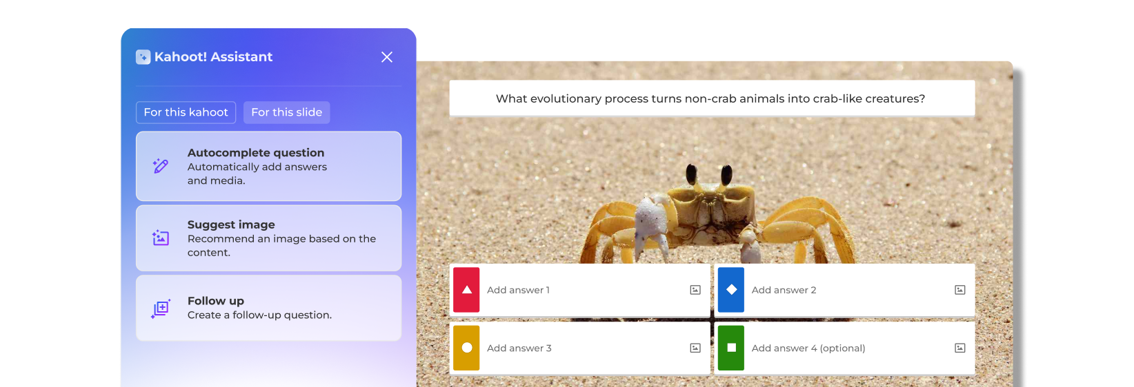 Screen showing the Kahoot! Assistant on the left side and a slide with the question 
