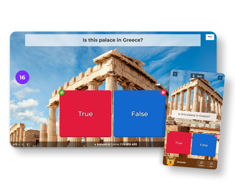 A wide screen and a mobile screen showing a true or false question: 