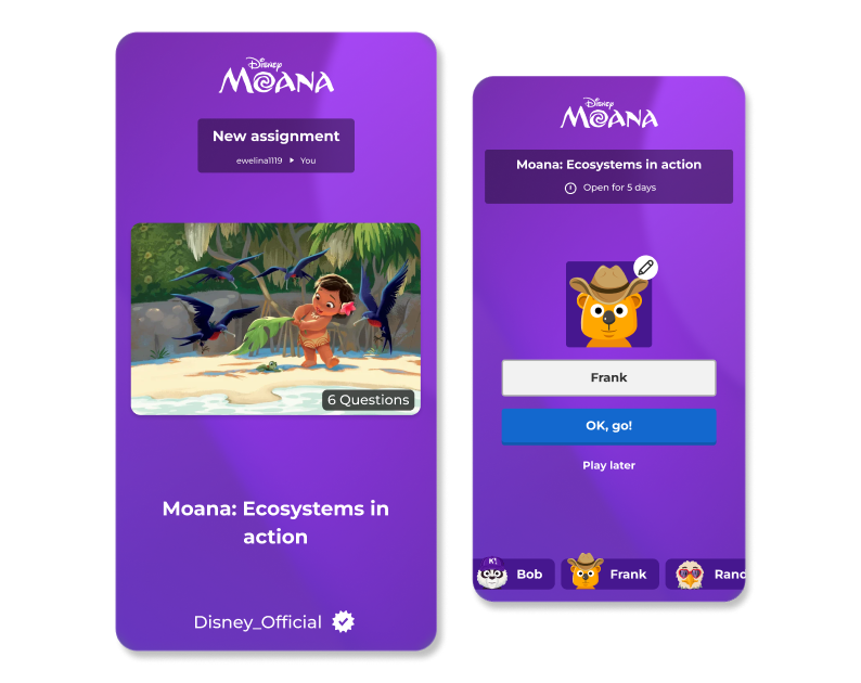 Two mobile screens showing a new Kahoot! assignment with the title 