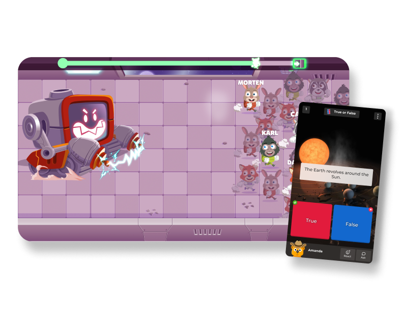 A big screen showing Robot run experience and a phone screen with a true or false question