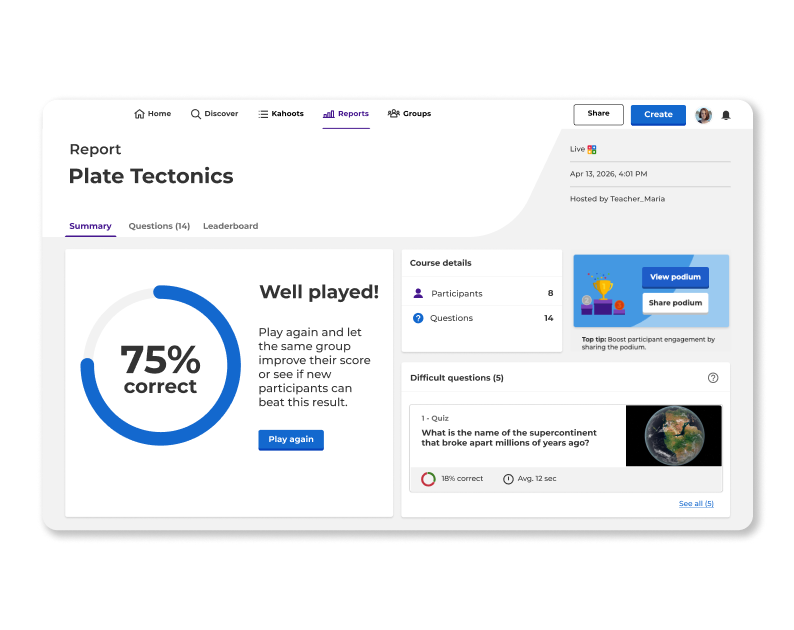 Screen showing a kahoot report on plate tectonics?