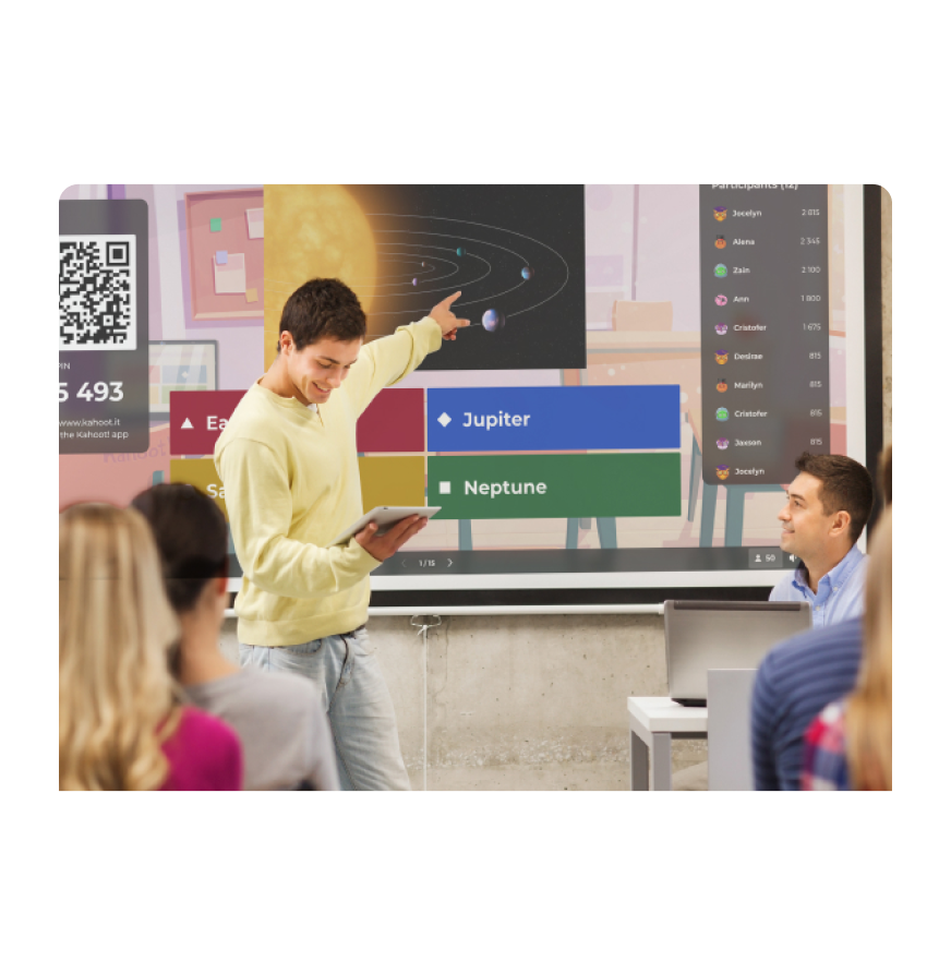 A student presenting in front of his class with the question 