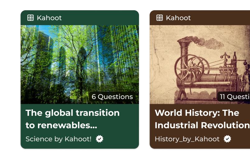 2 cards showing ready made kahoots