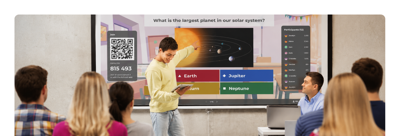 A student presenting in front of his class with the question 