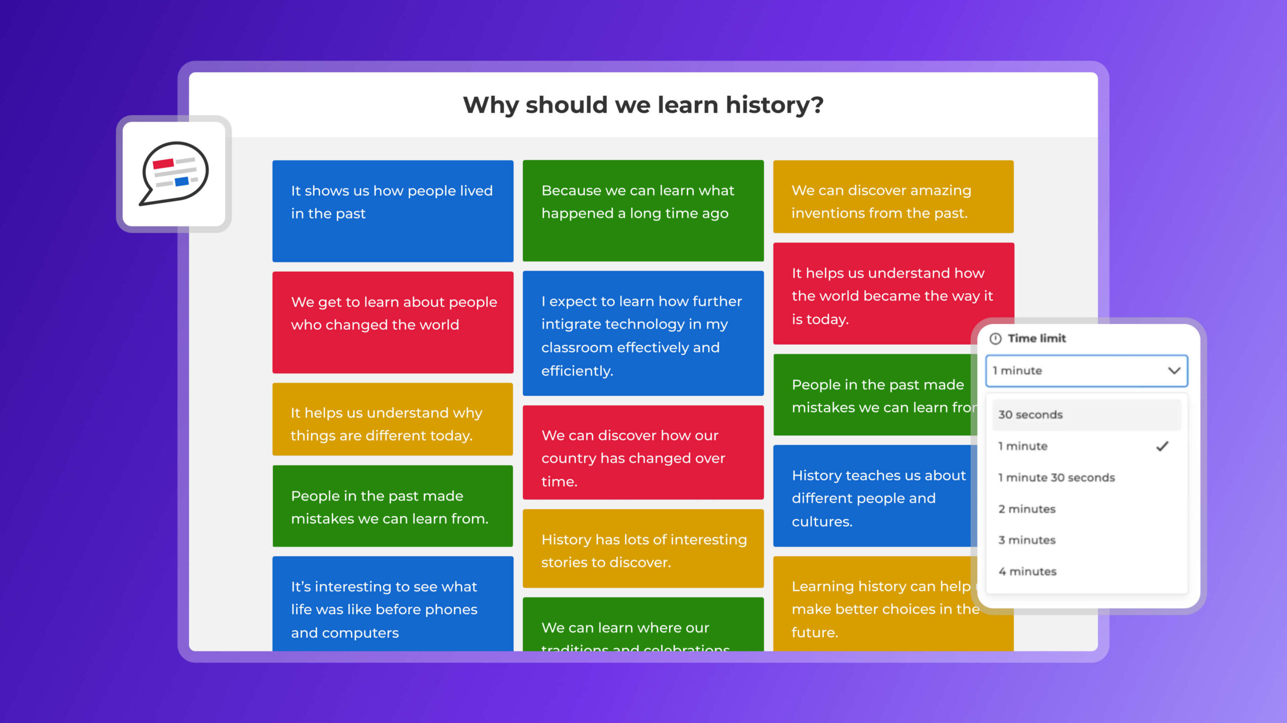 A Kahoot! brainstorm activity screen showing various colorful sticky notes with student answers to the question 'Why should we learn history?' and a pop-up menu for setting a time limit.