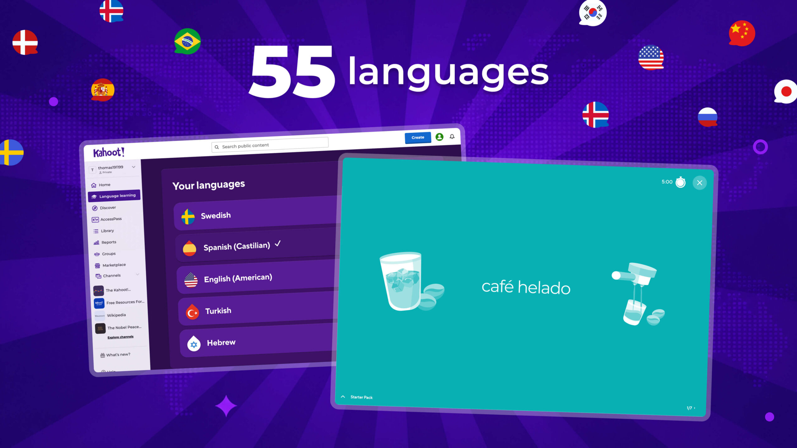 A Kahoot! graphic displaying '55 languages' surrounded by various country flags, featuring screenshots of the language selection menu and a language learning slide for 'café helado'.
