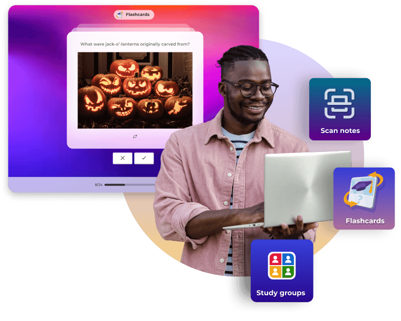 A young woman with glasses and curly hair smiling while looking at her smartphone. She is surrounded by floating colorful icons for app features like "Flashcards," "Scan notes," "Test yourself," and "Weekly goals." Behind her is a large smartphone screen displaying a quiz question about robots with an "AI Assisted" badge.