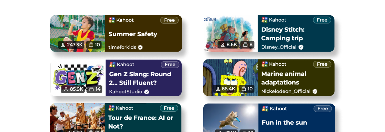 Grid of Kahoot Discover cards for public kahoots, including 'Summer Safety,' 'Disney Stitch: Camping trip,' 'Gen Z Slang,' 'Marine animal adaptations,' 'Tour de France: AI or Not?,' and 'Fun in the sun,' each showing player count and creator