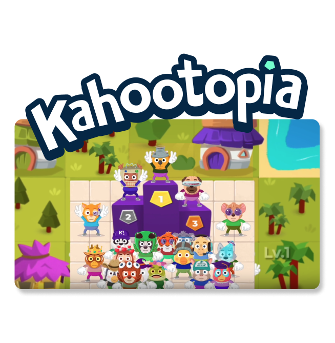 Kahootopia celebration screen showing a winners' podium with 1st, 2nd, and 3rd place, surrounded by a crowd of colorful cartoon character avatars.