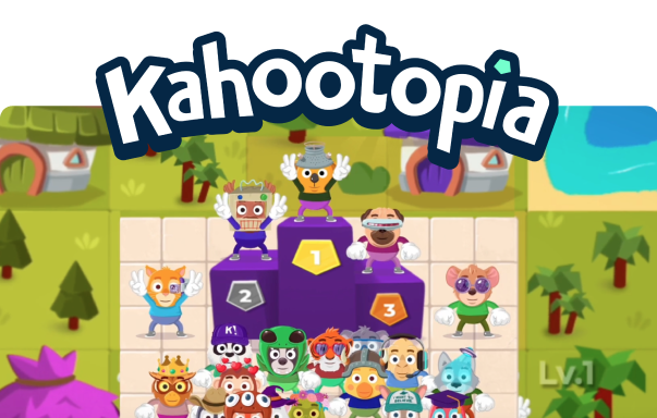 Kahootopia celebration screen showing a winners' podium with 1st, 2nd, and 3rd place, surrounded by a crowd of colorful cartoon character avatars.