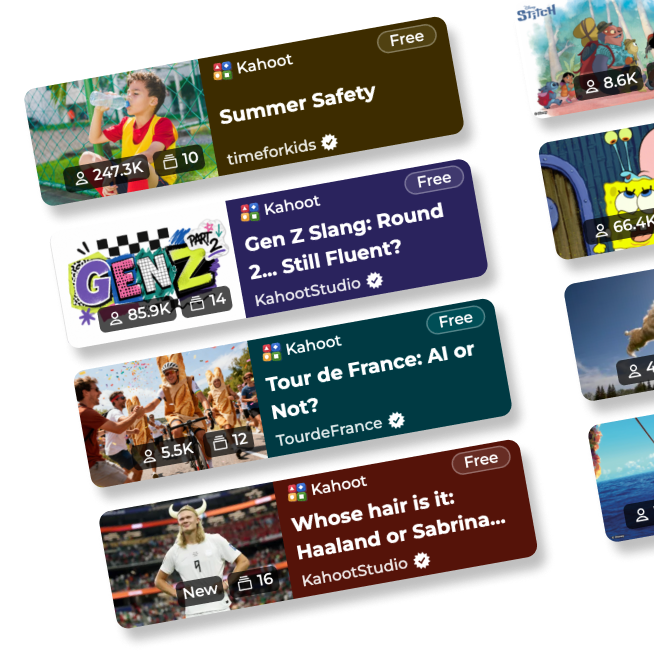 Fanned stack of Kahoot Discover cards for public kahoots, including 'Summer Safety,' 'Gen Z Slang: Round 2,' 'Tour de France: AI or Not?,' and 'Whose hair is it: Haaland or Sabrina...,' each showing player count and creator