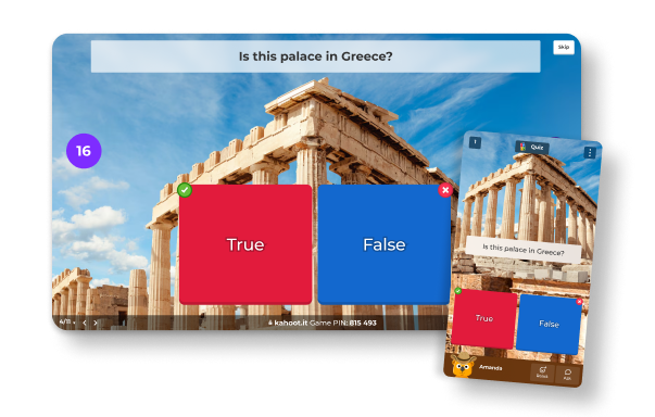 Kahoot true/false question 'Is this palace in Greece?' with a photo of the Parthenon and True/False answer buttons, shown alongside a phone screen with the same question and player Amanda's mobile view