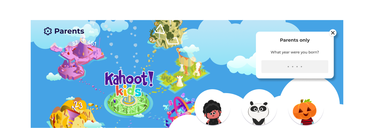 Kahoot! Kids app screen showing a colorful island map with a 'Parents only' age-verification popup asking for birth year, and three kid profile avatars along the bottom.