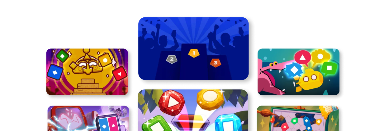 Grid of colorful Kahoot game mode illustration tiles, including a golden temple with answer-shape gems, a winners' podium with a cheering crowd, sea creatures, battling game controllers, jewels in a jungle, and a garden maze.