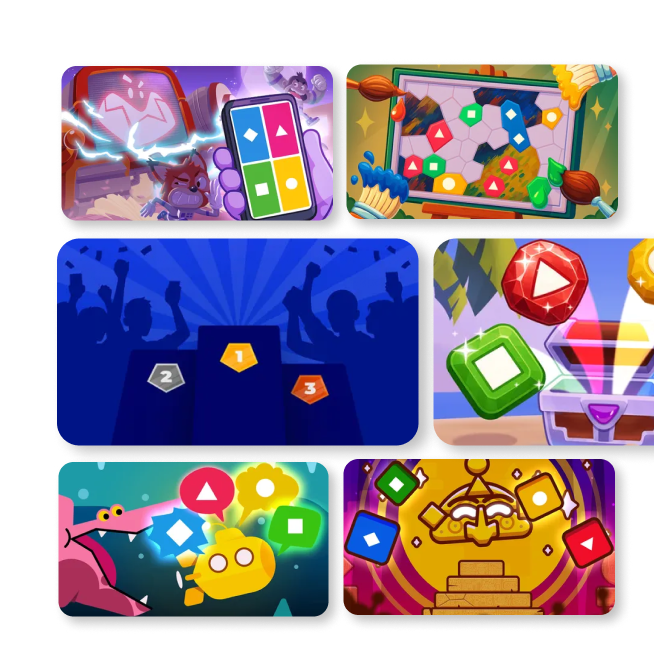 Grid of colorful Kahoot game mode illustration tiles, including a golden temple with answer-shape gems, a winners' podium with a cheering crowd, sea creatures, battling game controllers, jewels in a jungle, and a garden maze.