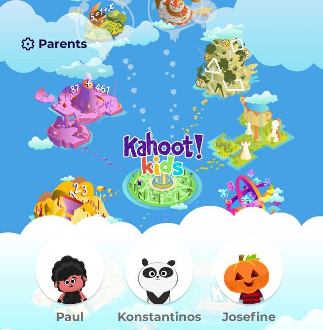 Kahoot! Kids app home screen with a colorful island map and three kid profile avatars labeled Paul, Konstantinos, and Josefine