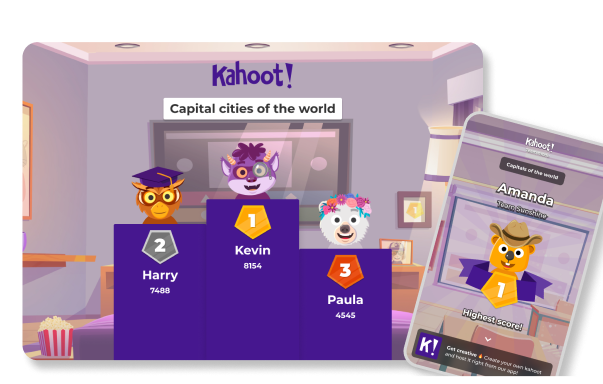Kahoot leaderboard for 'Capital cities of the world' showing animal avatars Kevin, Harry, and Paula on a podium with their scores, next to a phone screen showing player Amanda in 1st place with highest score.