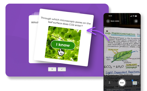 Kahoot! scan notes feature: a phone scans handwritten photosynthesis notes and turns them into a flashcard asking through which microscopic pores on the leaf surface CO2 enters, with an I know button