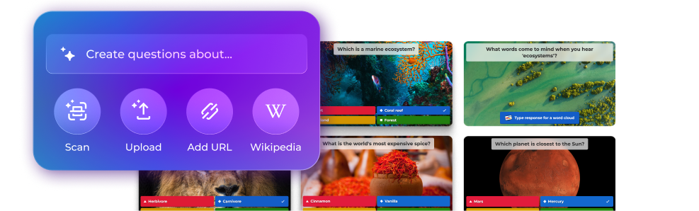 Kahoot! AI question generator with a Create questions about prompt and options to Scan, Upload, Add URL or use Wikipedia, next to a grid of generated quiz questions on topics like marine ecosystems, spices and planets