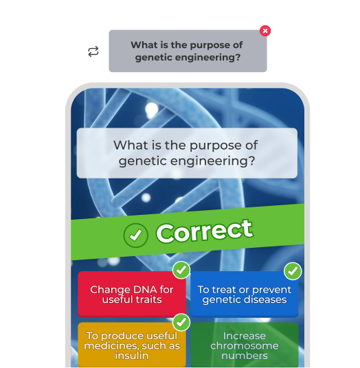 Kahoot! practice mode showing a correct answer to the question What is the purpose of genetic engineering, with three right answers checked over a DNA helix background and a previously missed question above it to retry